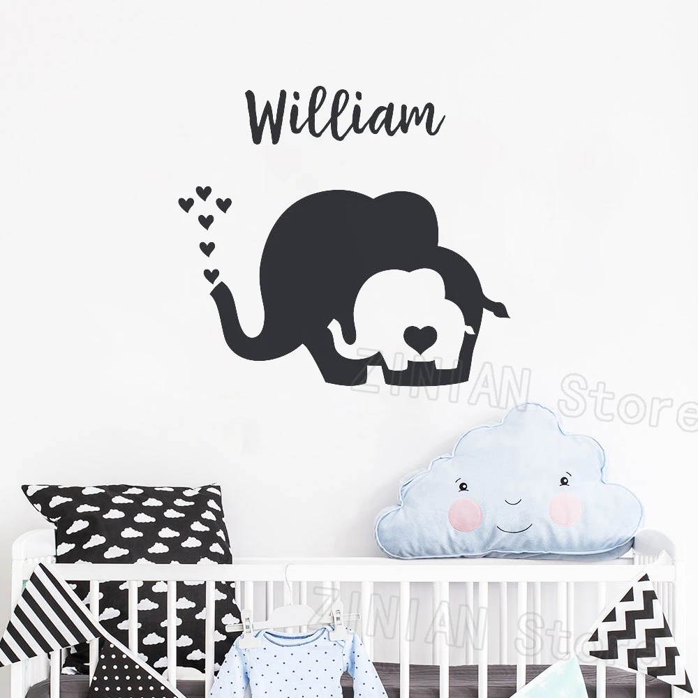 Baby Nursery Elephant Wall Decals with Heart Personalized Name Vinyl