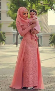 

Watermelon Muslim Evening Dresses 2019 Sheath Long Sleeves Lace Scarf Islamic Dubai Saudi Arabic Long Formal Evening Gown Prom