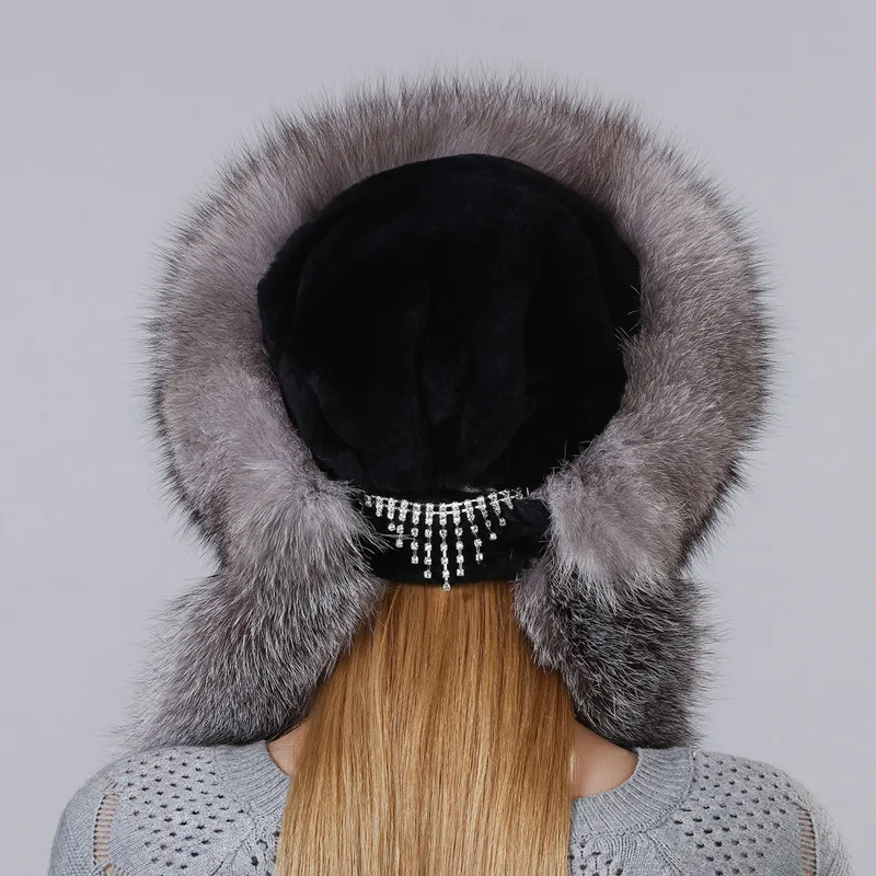 Sombrero de invierno de mujer con piel de zorro Natural Real longitud Extra se puede utilizar como bufanda con colgante cadena en las tapas traseras - 6