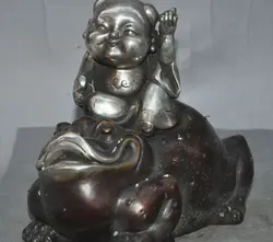 7 "Повезло Старый Китайский бронзовый Свинка-Серебро Мальчик Золотой Spittor Жаба Богатства Статуя