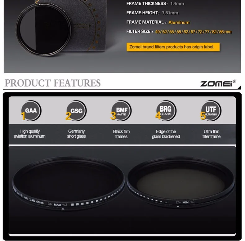 Zomei 49/52/55/58/62/67/72/77/82 Fader переменной ND фильтр Регулируемый ND2-400 фильтр нейтральной плотности для Canon Nikon sony объектива