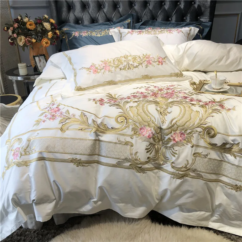 Excellent Champagne Blue White Luxury Royal Embroidery 100S Egyptian Cotton Palace Bedding Set Duvet Cover Bed sheet/Linen Pillowcases 61