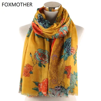 

FOXMOTHER New Yellow Russian Floral Scarf Foulard Mujer Hijab Shawl Pashmina Beach Wrap Flower Scarves Ladies Woman