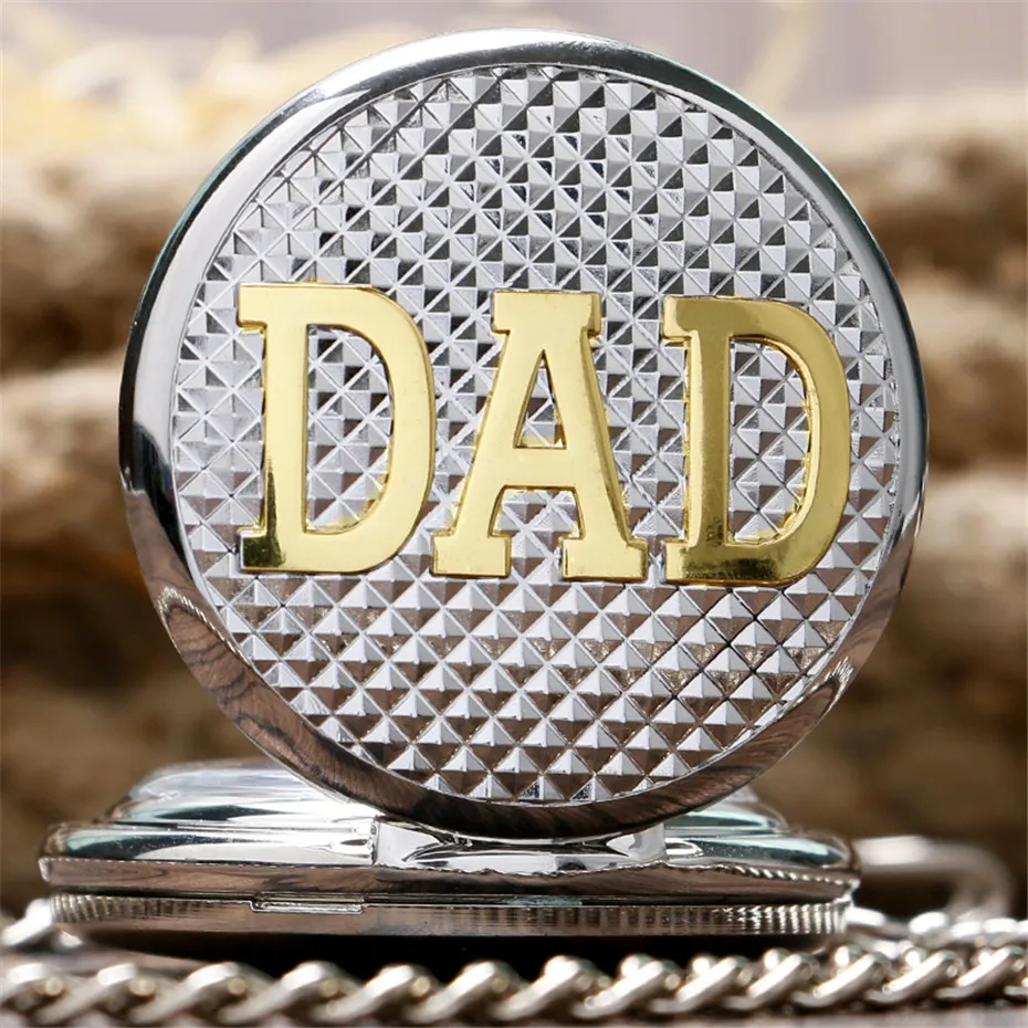 Silver Exquisite Plaid Golden DAD Carving Watches Mens Quartz Pocket Watch Pendant Thick Chain Father's Day Gifts (9)
