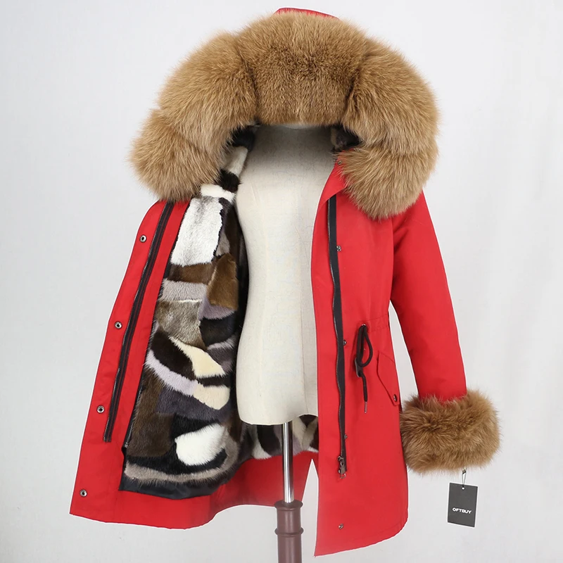 OFTBUY, пальто с натуральным мехом, зимняя куртка для женщин, воротник из натурального меха енота, капюшон, манжеты, водонепроницаемая парка, длинная верхняя одежда, Толстая теплая брендовая
