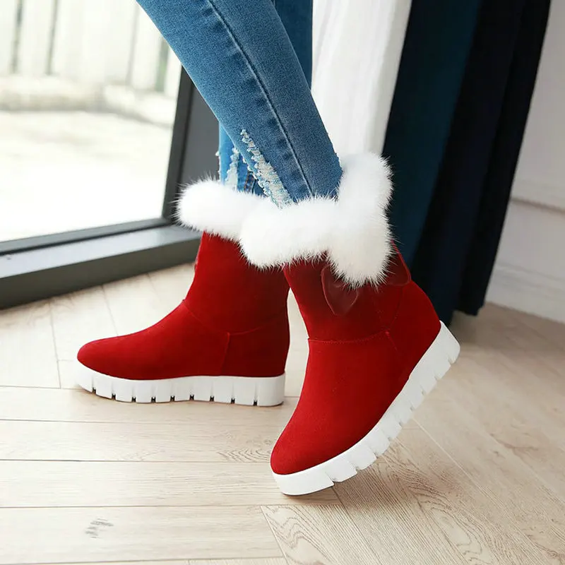 

Female Flock Snow Boots Flat With Low Heel Ankle Bootie Platform Bow Winter Plush Warm Women Shoes Beige Red Black