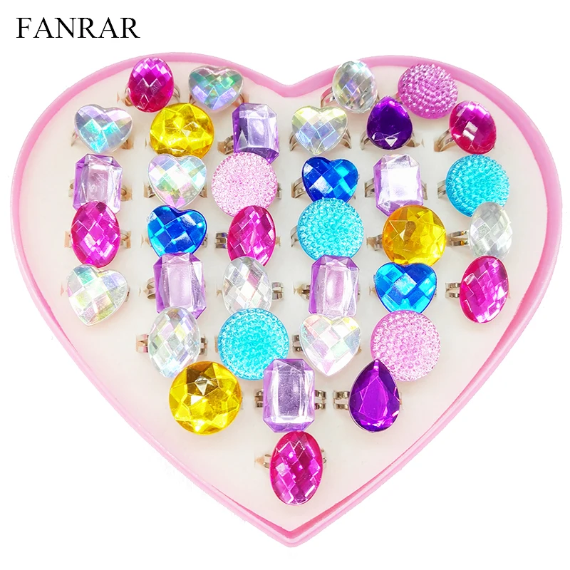 

FANRAR 36Pcs Cute Mix Color Heart Round Assorted Child Rings For Kids Girls Imitation Crystal Rhinestone Adjustable Rings Gift