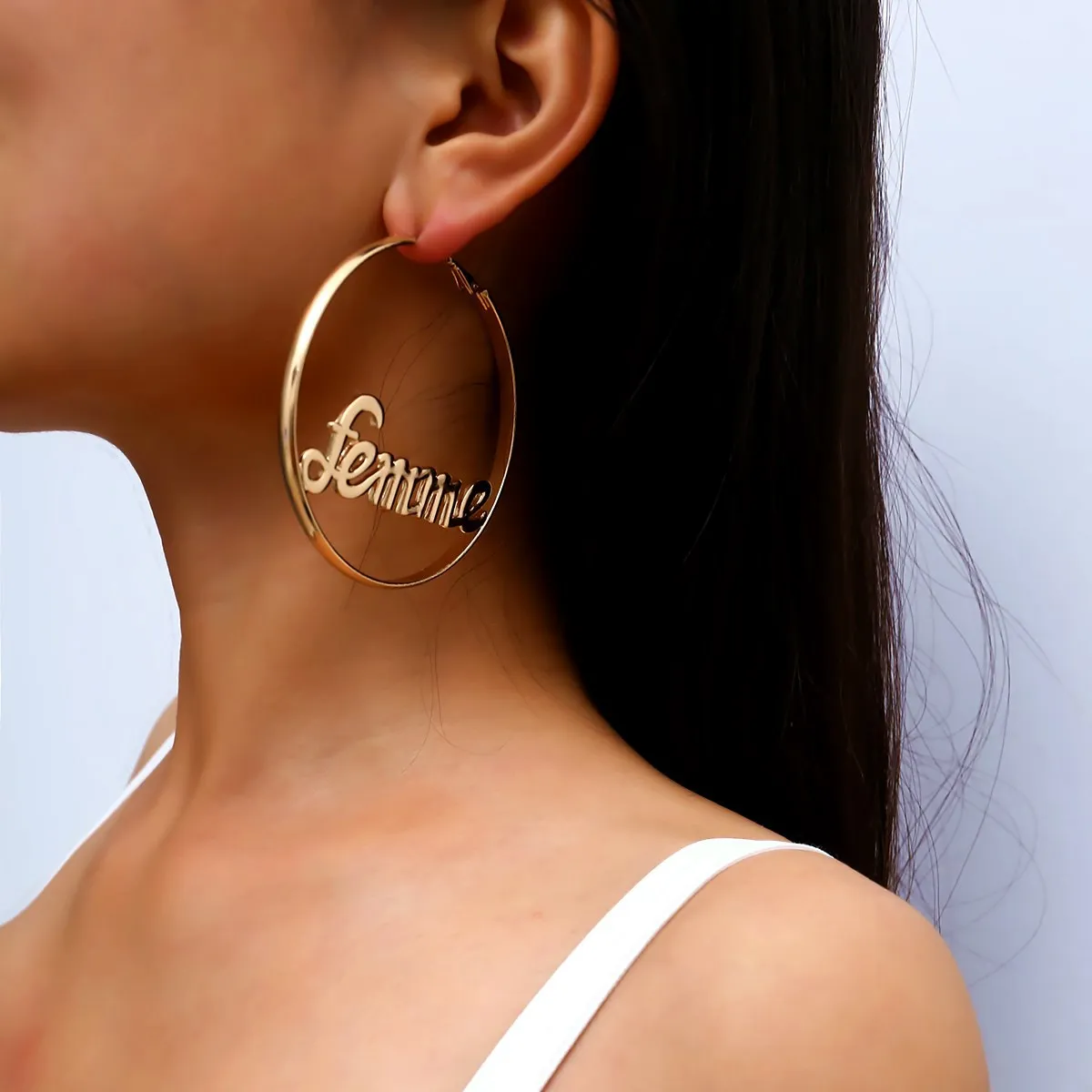 

Minimalist Gold Color Big Hoop Earrings With Femme Baby Letter Charm Geometric Hoop Earrings For Women Statement Earring
