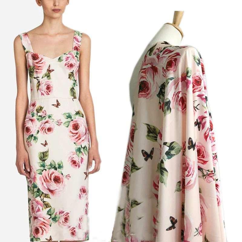 

European and American brands with the same pattern spring and summer stretch satin rose pattern digital printing fashion fabric