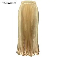 Jupe Saia винтажная Женская металлическая плиссированная юбка Готическая длинная блестящая золотистая Серебристая расклешенная вечерние Юбка-миди
