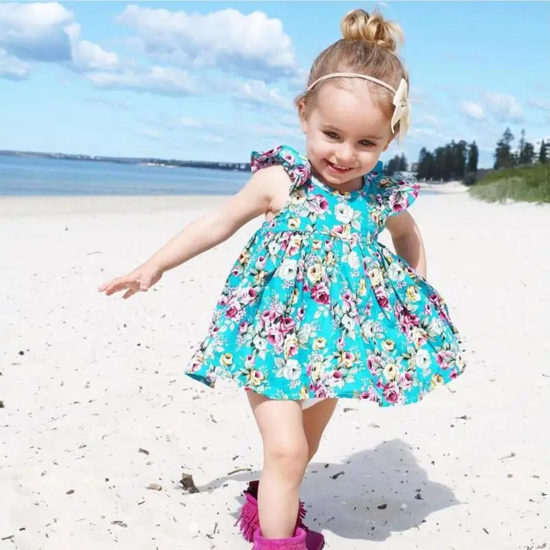 Fresh Flower Print Girls Dresses Baby Underwear Set Beach Travel Princess Dress Folk Style