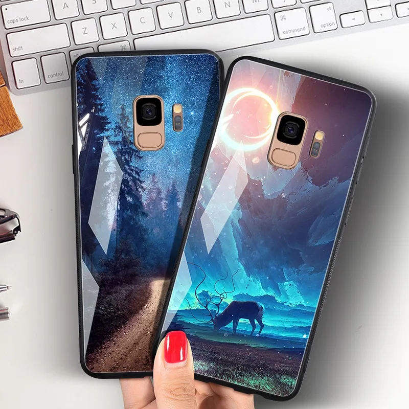 Hisomone For Samsung Galaxy S9 Plus Back Cover Case Star Tempered Glass Phone Case For Galaxy S9 + Note 8 Coque Capa Fundas