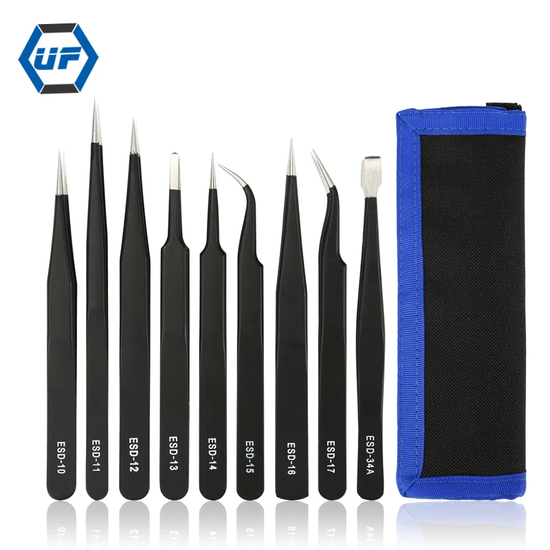 

Tweezer Set Anti-static ESD Tweezers Stainless steel with Non Magnetic Tips for Electronics Repair Soldering Kingdun 9pcs