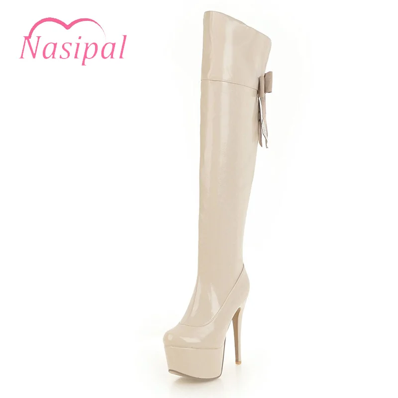 

Nasipal Fashion Ladies Over the Knee Boots Patent Leather Black Red Platform Stiletto Thigh High Heel Sexy Nightclub Dance Boots