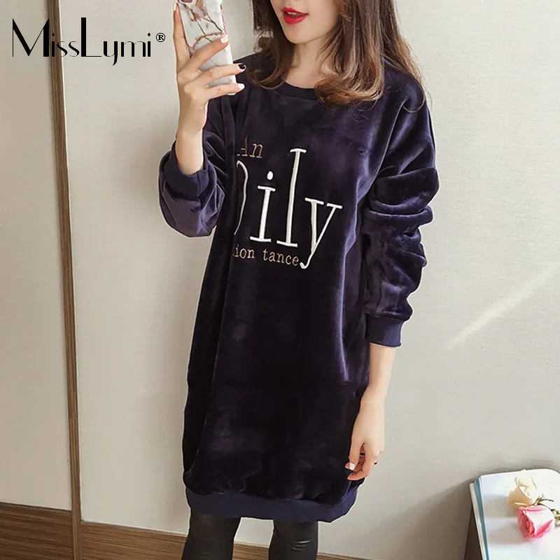 

L-4XL Plus Size Long Sweatshirt Women 2019 Winter Fashion Letter Embroidery Long Sleeve Velvet Thickening Loose Casual Hoodies