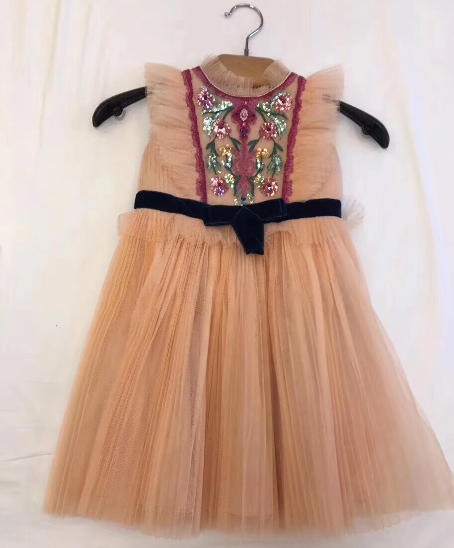 

90-150cm Spring summer formal birthday party dresses for baby girls embroidery beading chiffon dress