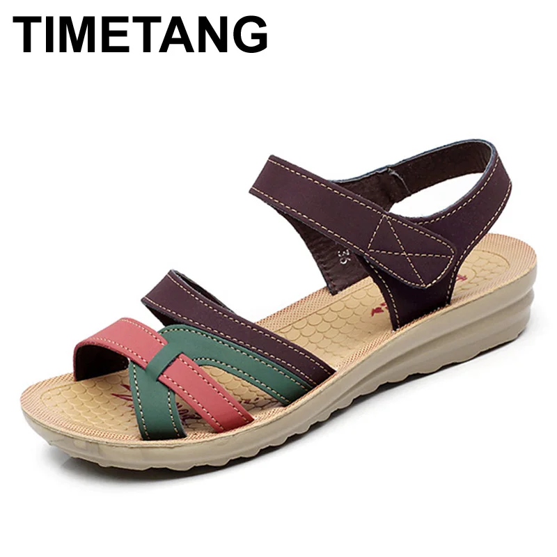 TIMETANG Mother sandals soft leather large size flat sandals summer casual comfortable non - slip in the elderly women 's shoes