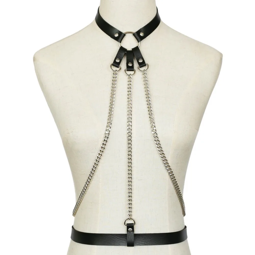 

Bondage chain harness leather belt cage gothic body chain women punk Goth fashion jewelry cosplay bodychain festival outfit
