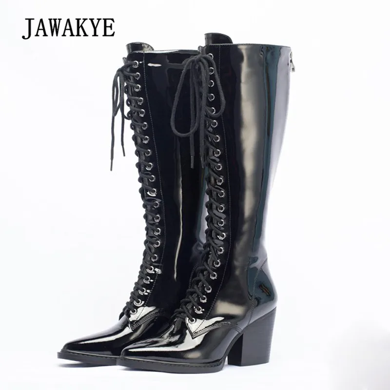 

2019 Fashion Knee High Boots Women Pointed Toe Lace Up High Heel Boots Woman Long Boots
