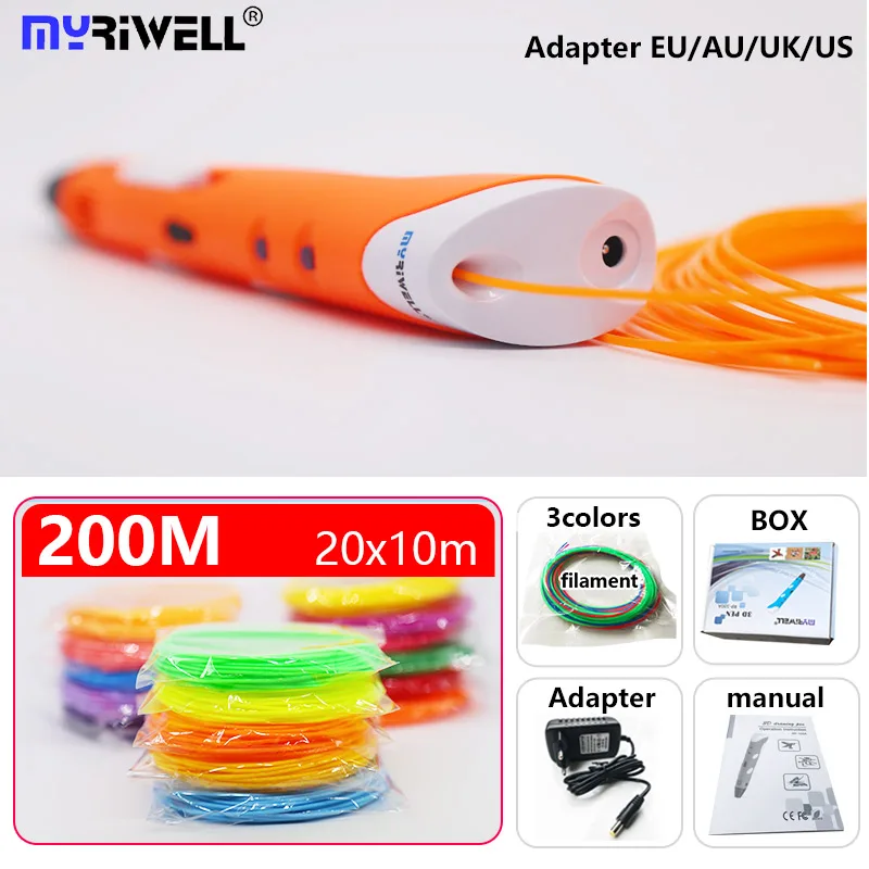 Myriwell 3D Ручка 3 d принтер Ручка 3 d Ручка diy ручка для рисования и ABS/PLA нити Рождественский подарок/подарок на день рождения для детей - Цвет: pen and 200m1