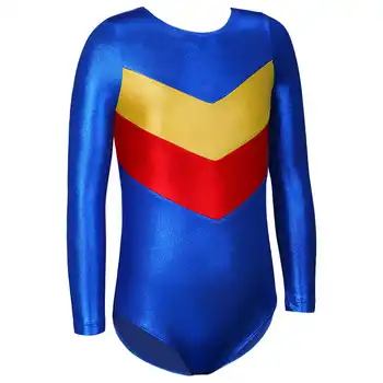 

Girls Dance Leotards Blue Green Long Sleeve Spliced Stripe Dance Dress Athletic Teamwear Professional Gymnastic Leotards 2-11Y