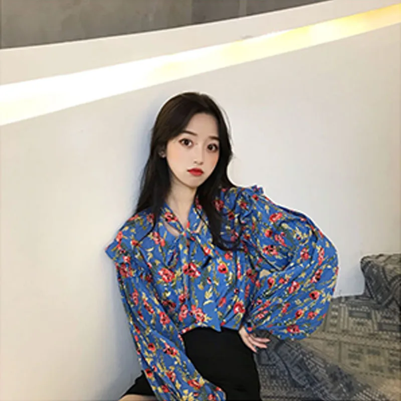 

Flower Shirt For Female Fold Yellow Blue Long Sleeve ribbon Neck Blouses Shirt For Women Spring Autumn Soft Cute Lovely Girl