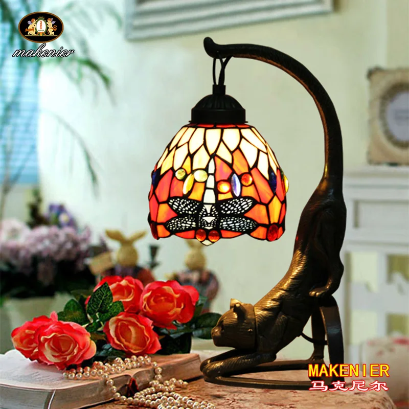 Makenier Vintage Tiffany Style Stained Glass Red Dragonfly Table Lamp with Cat Base, 6 Inches Lampshade