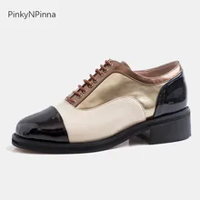 Г., женские роскошные оксфорды из натуральной кожи на массивном каблуке, на шнуровке, смешанные цвета, золотой, черный носок, Офисная элегантная обувь под вечернее платье