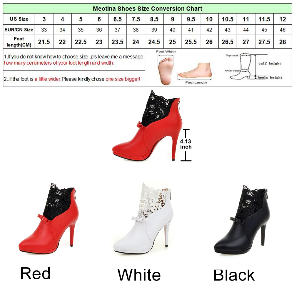 Meotina/женские ботинки; зимние белые ботильоны с бантом; ботинки на высоком каблуке со шнуровкой; обувь на платформе с острым носком на молнии; женская обувь; коллекция года; цвет белый, красный