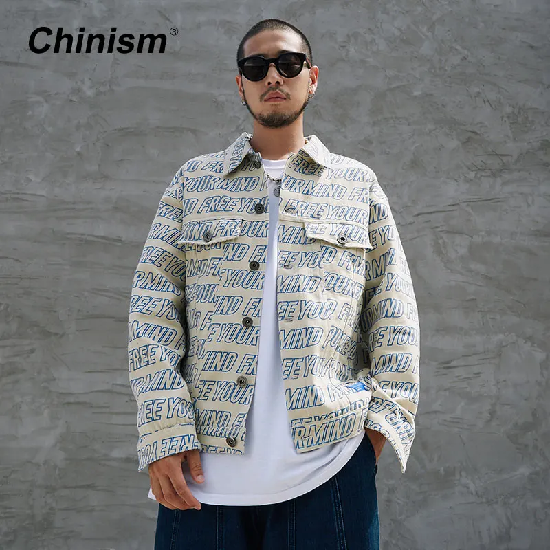 

CHINISM Full Letter Printed Denim Jackets Men 2018 Autumn Fashion Casual Cotton Jean Jacket Loose Coats Male Hip Hop Streetwear