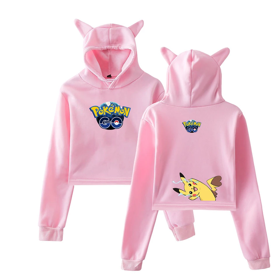 

2019 HIP HOP FASHION Anime Pokemon series Cat kawaii hoodie women's pullover short shirt Kpop girl street cat ears sweatshirt