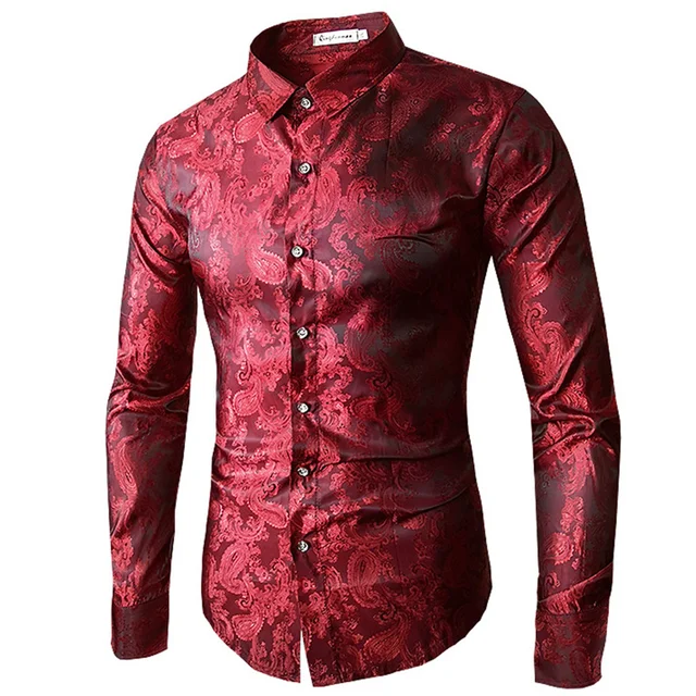 2018 High quality Red Gold Purple Blue men's embroidery dress shirt ...