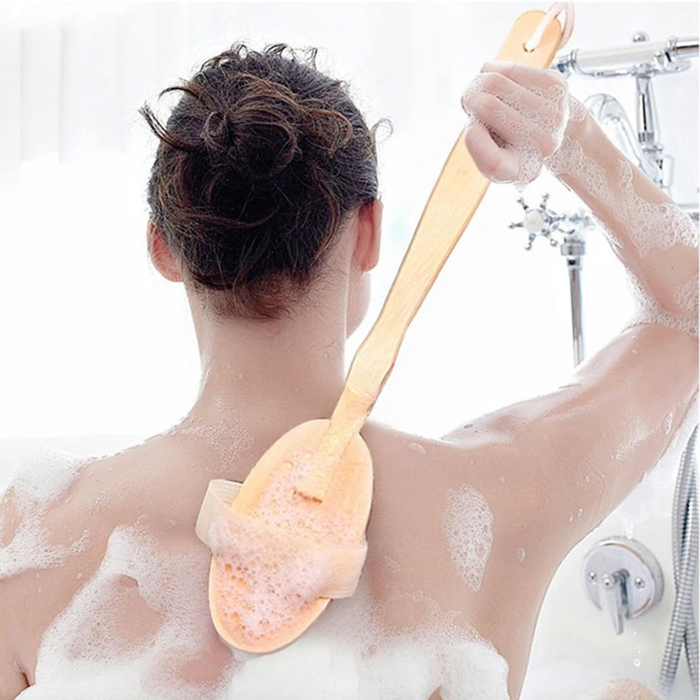 

Long Wooden Handle Bath Body Brush Removable Bristle Exfoliating Dry Skin Back Scrubber Shower Cleaning Massager
