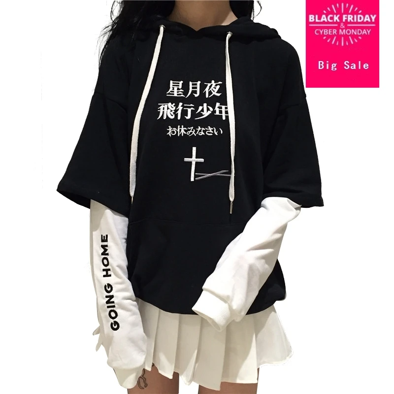 

Harajuku Black White Cross Hoodie Sweater Cool Street wear Fashion Long Sleeves Fleece Sweater Women Patchwork Tops wj1204