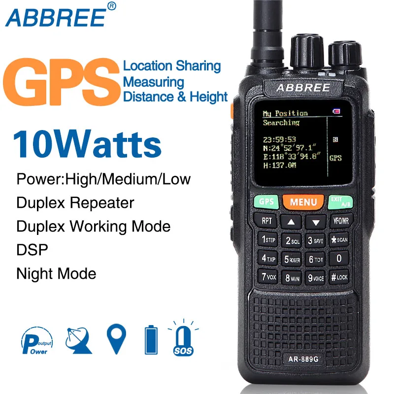 ABBREE AR-889G GPS SOS Walkie Talkie 10 Вт 999CH ночь Подсветка дуплексный Ретранслятор Dual Band получения охоты Любительское радио, Си-Би радиосвязь