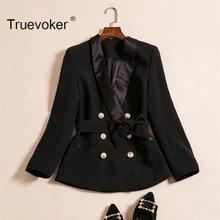 Truevoker Осенняя Дизайнерская куртка Женский высококачественный величественный длинный рукав v-образный вырез Золотая кнопка-застежка черная завязанная приталенная верхняя одежда