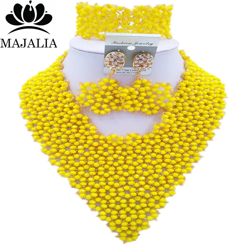 

Majalia Fashion Nigeria African Wedding Jewelry Crystal Opaque yellow and Gold ab Crystal Bead Necklace Bride Jewelry Set 4JX018