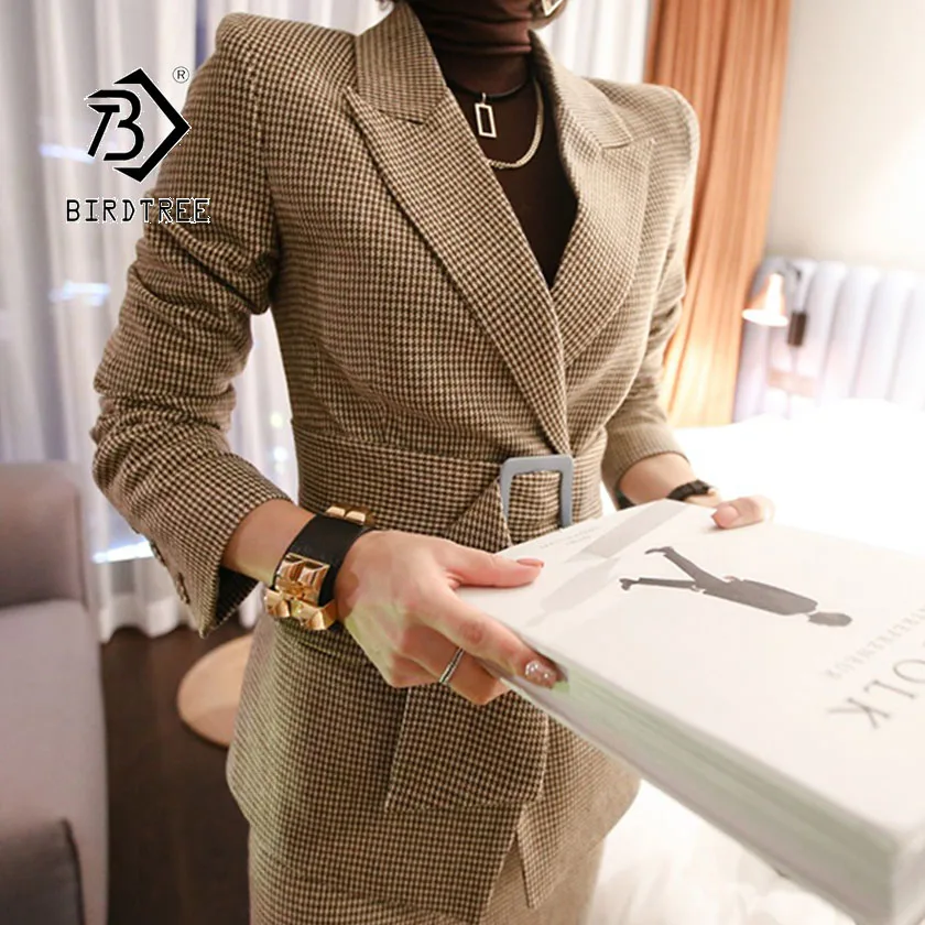 

2019 Autumn Women's Blazer Skirt Suit OL Formal Fashion Plaid Notched Full Sleeve Sashes Pockets Button Split Design S96969D