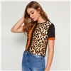 SHEIN Color Block Cut-and-Sew Leopard Panel Top Short Sleeve O-Neck Casual T Shirt Women Summer Leisure Ladies Tshirt Tops