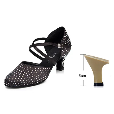 Ladingwu/Новинка; Брендовая обувь для бальных танцев с закрытым носком из атласа и стразы; цвет бежевый, черный; женская обувь для латинских танцев, сальсы - Цвет: Black 6cm
