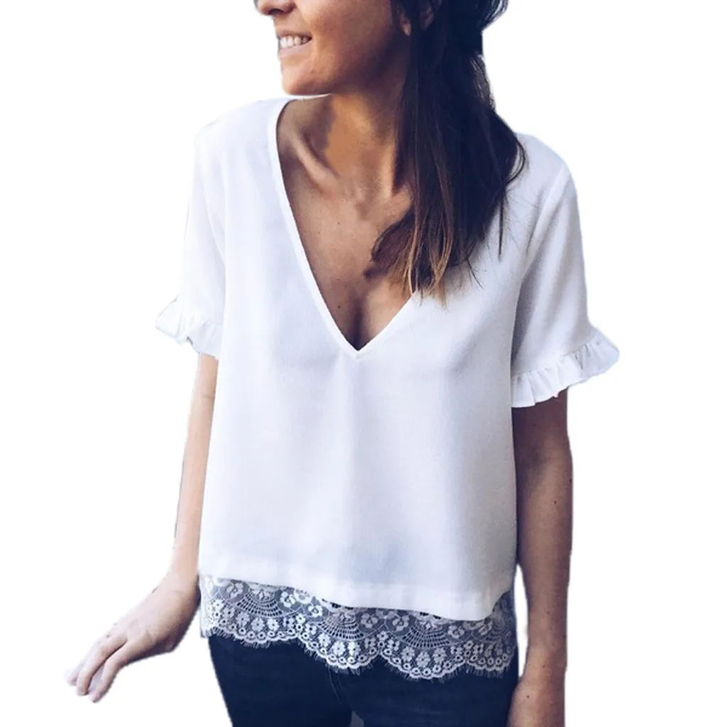 

SAGACE Fashion Blouse women's shirt Vneck Lace Patchwork Solid Short Sleeve Causal Top Shirt Blouse Sexy Shirt Casual Top Blouse