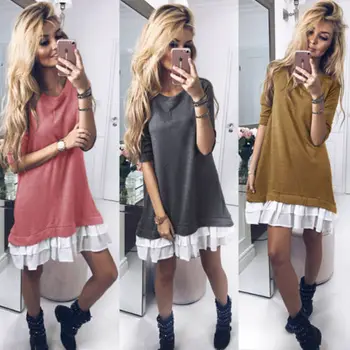 

Women Autumn Holiday Bodycon Long sleeve Round Neck Dresses Ladies Casual Evening Party Club Short Mini Dress