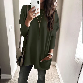 

Women Autumn Loose Solid O Neck Pockets Long Sleeve Pullover Sweater Female Plus Size Casual European Bottoming Knitwear SJ3547U