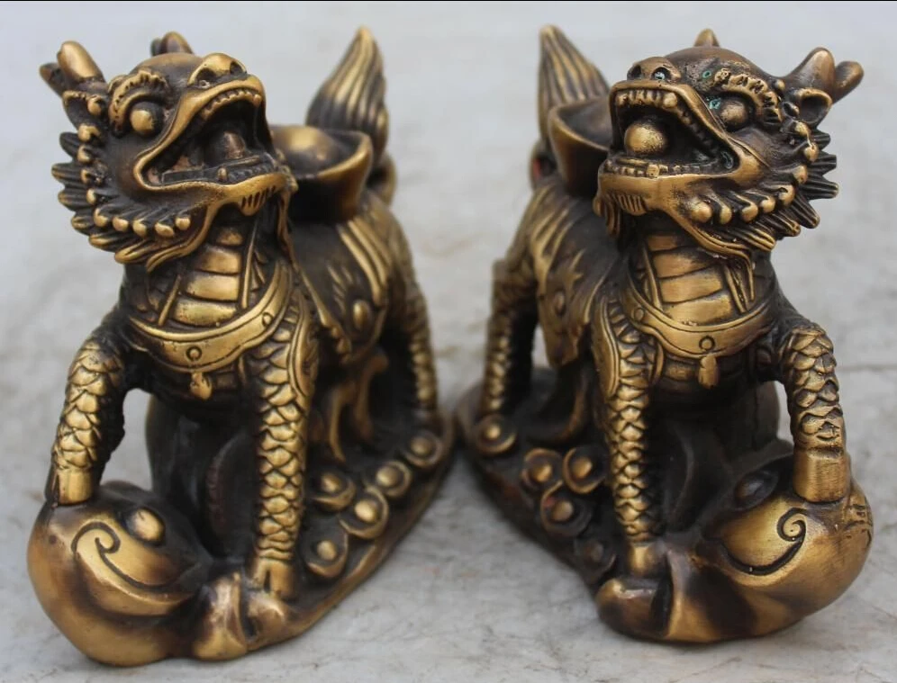 

Free Shipping zhaorui5886285" Chinese Bronze Wealth Yuanbao Chi-lin Unicorn Kylin Beast Ruyi Pair Statue