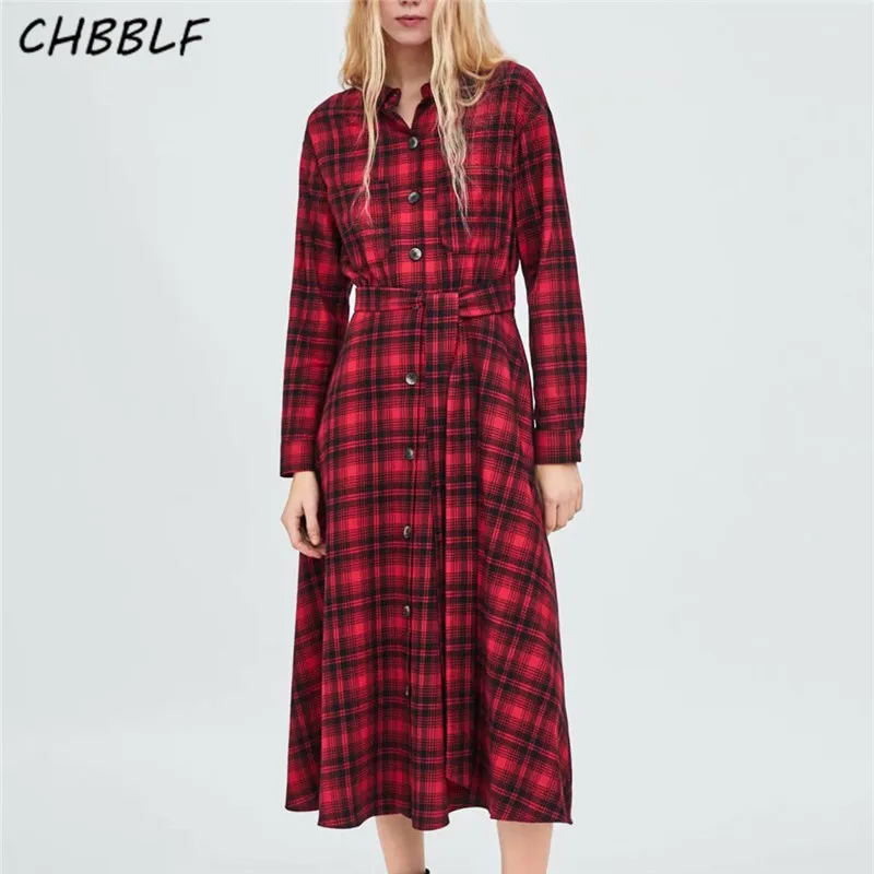 

CHBBLF women casual red plaid dress bow tie sashes long sleeve pleated female long dresses POP1551