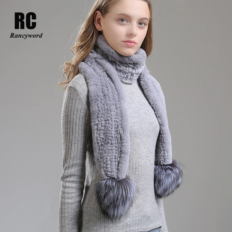 

[Rancyword] Women Scarf Winter Knit Real Rex Rabbit Fur Scarves Long Natural Fur Scarf Luxury Brand Winter Scarves RC1388