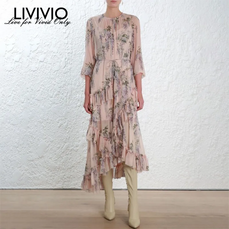 

[LIVIVIO] Elegant Asymmetrical Midi Print Dress Female Long Sleeve Bandage Ruffle Women's Dresses Vintage Fashion Autumn 2019