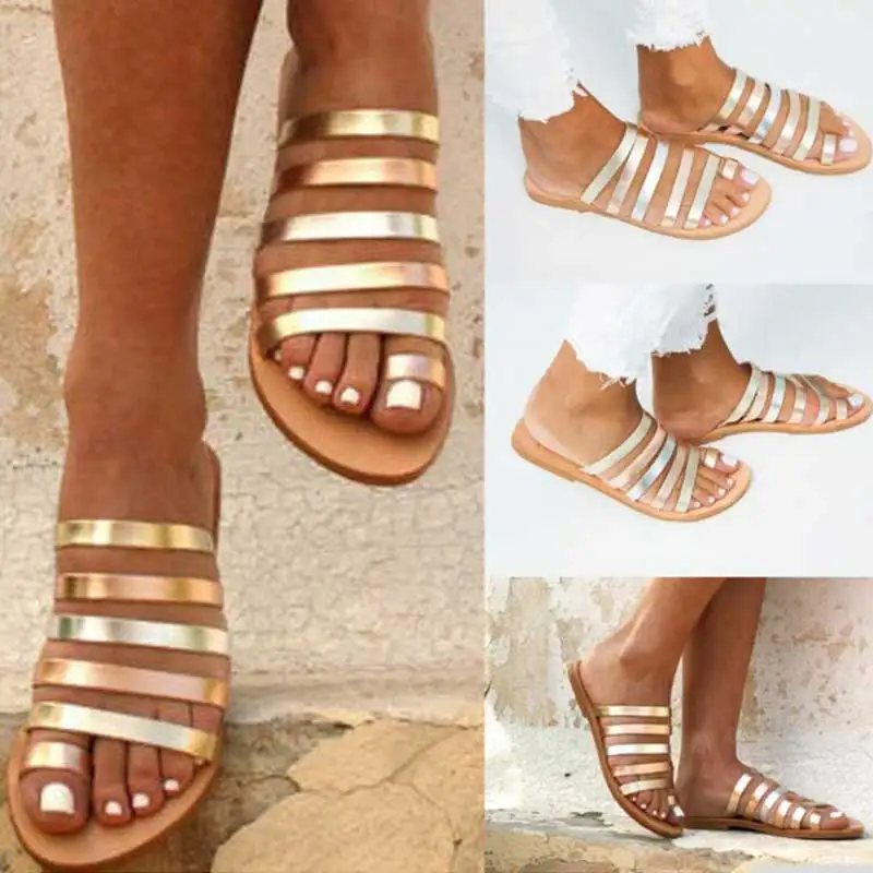 النساء صندل مسطح الصيف 2019 صنادل طراز جلاديتور السيدات حزام النعال الرومانية الإناث الوجه يتخبط في الهواء الطلق عارضة Sandales فام