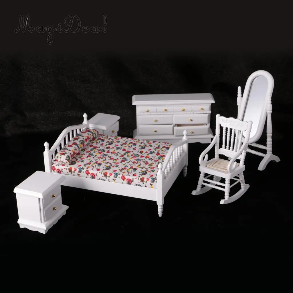 MagiDeal 1:12 Dollhouse Miniature White Wooden European Retro Bedroom Furniture Set for Kids Playing House Game Toy Cute Gift