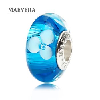 

MAEYERA Authentic 925 Sterling Silver Lake Blue Little Flower Murano Glass Beads For European Charm Bracelet 920229
